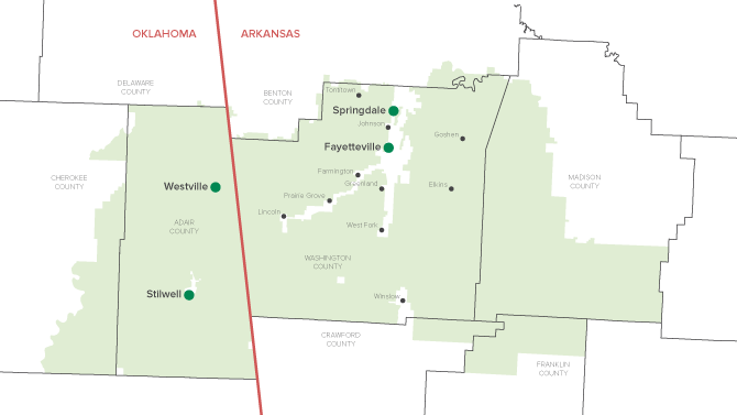 This image shows an outline of our service area. Click to download a PDF of the map.